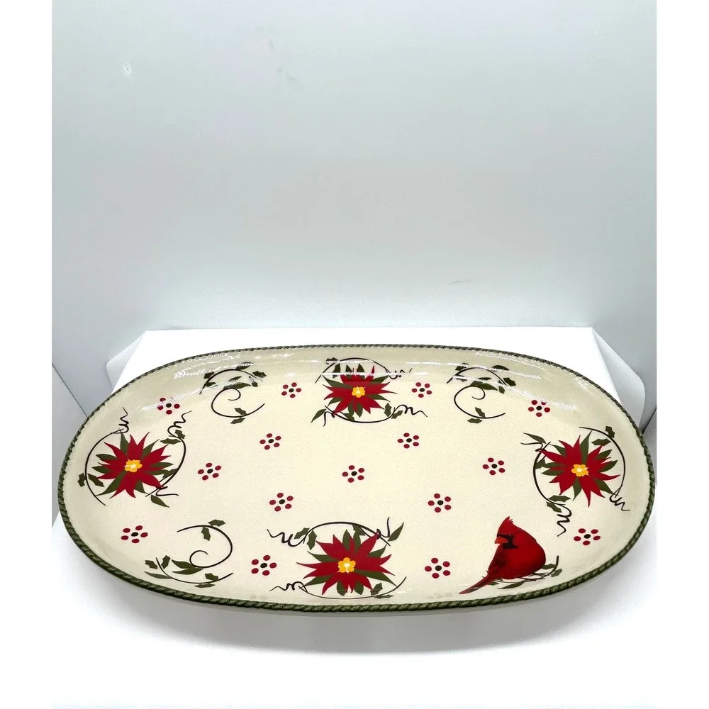 Temp-tations by Tara Winter Whimsy Cardinal Poinsettia Oval Serving Platter 12in
